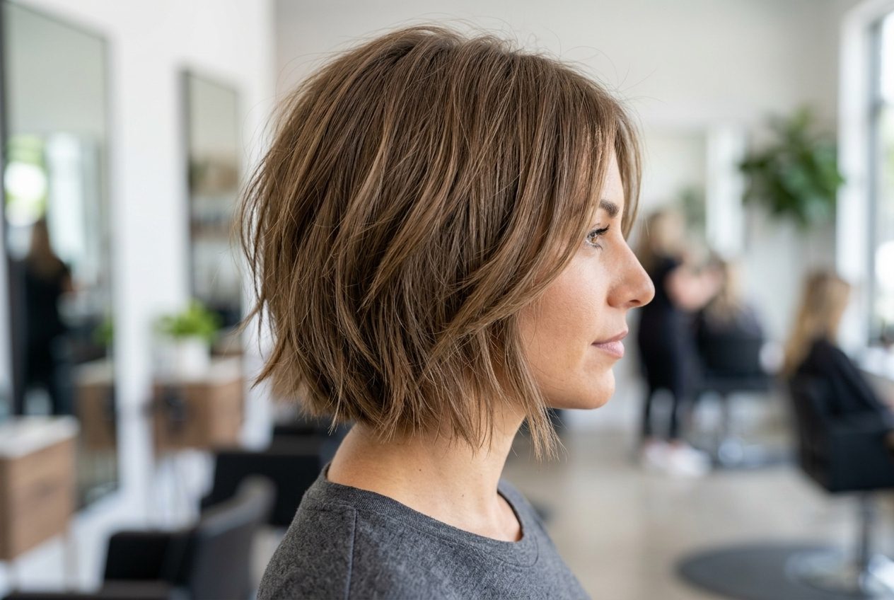 Woman with a layered shaggy bob haircut styled for fine hair