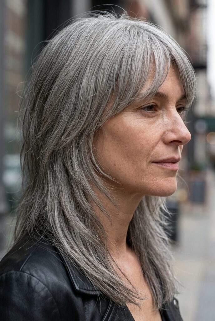 Woman with a long gray shag haircut on the street