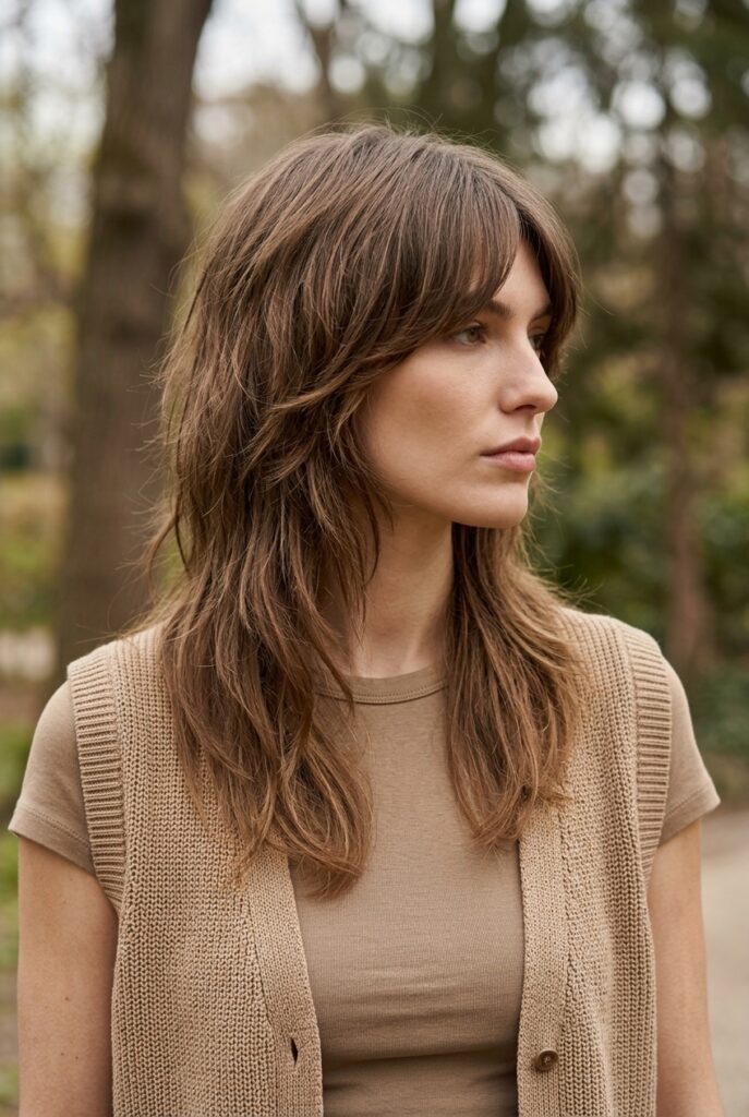 Woman with a long shag haircut and curtain bangs standing in a park viewed from the side Woman with a long shag haircut and curtain bangs standing in a park viewed from the side