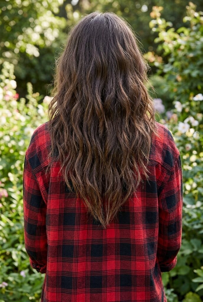 Woman with a long textured V cut haircut standing in a garden viewed from behind Woman with a long textured V cut haircut standing in a garden viewed from behind