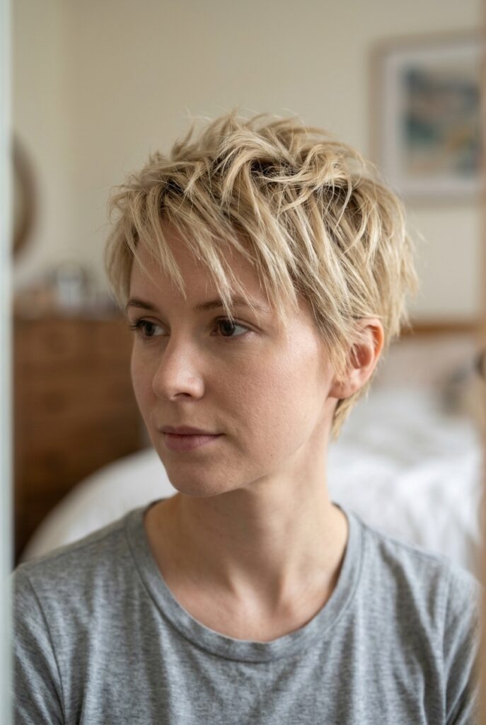 Woman with a matte textured pixie haircut showing piece-y separated ends