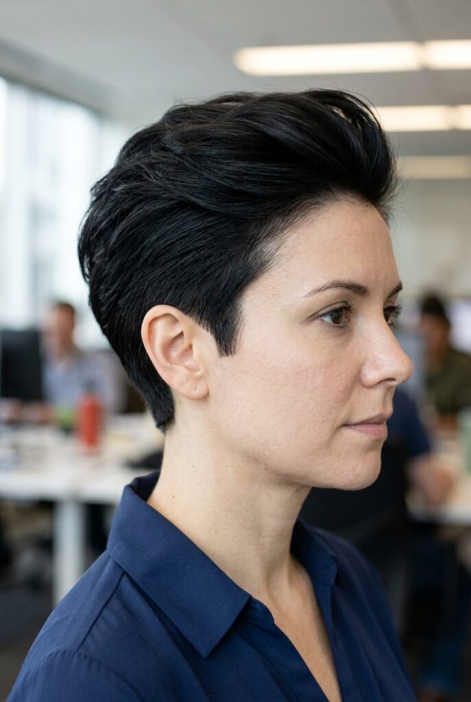Woman with a sculpted crop showing a clean outline and swept back top