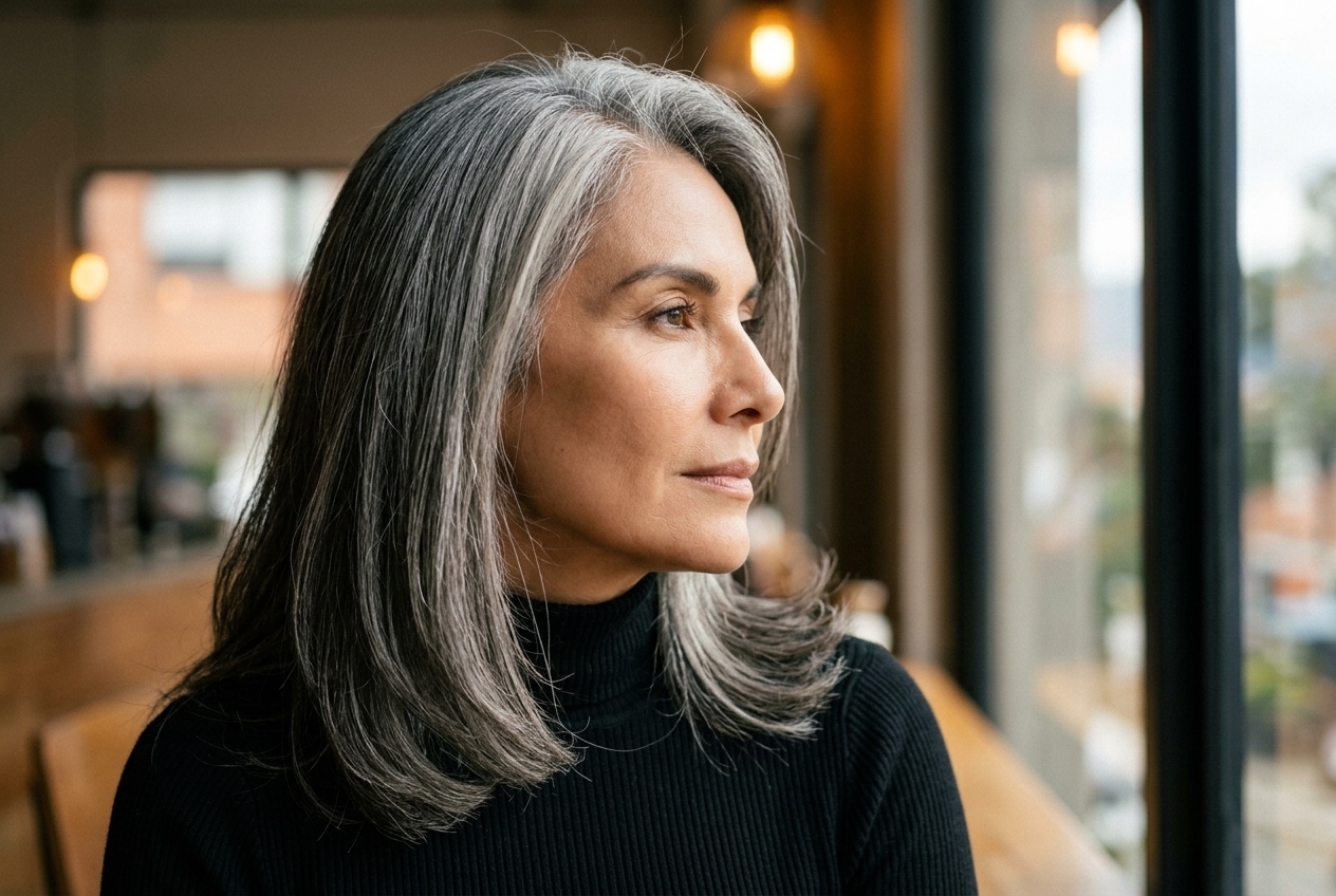 Woman with a seamlessly blended gray hair transition