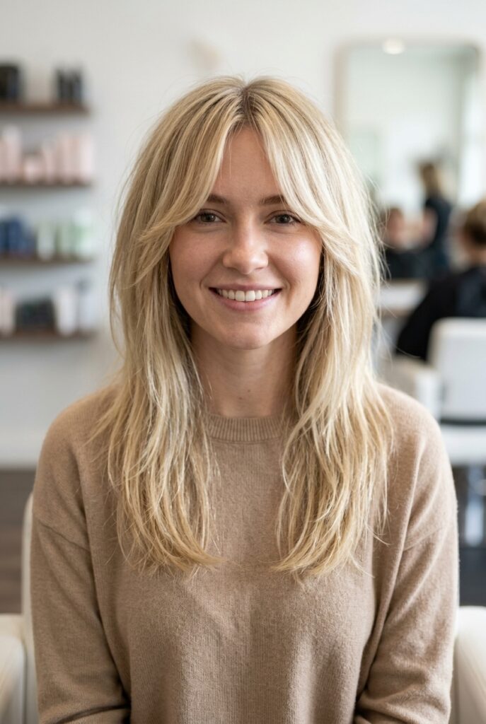 Woman with a shaggy lob haircut styled with curtain bangs