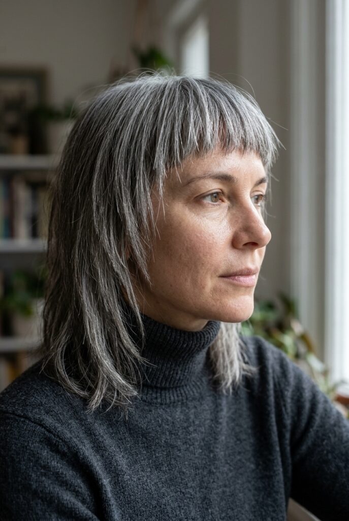 Woman with a shattered gray fringe by a window