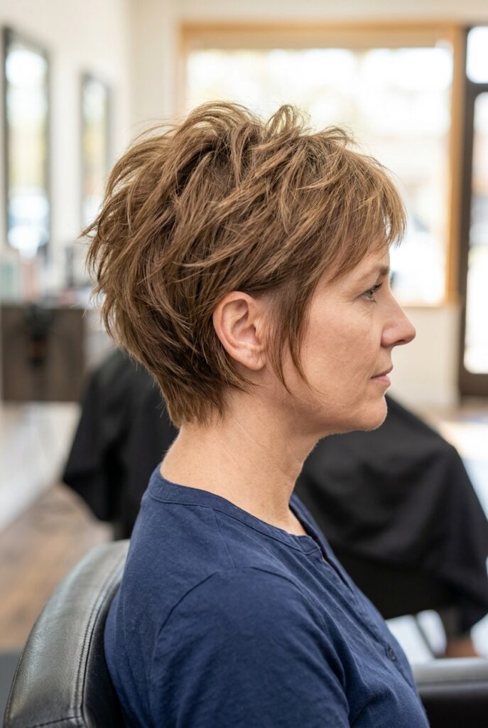Woman with a short micro shag bob haircut with heavy layering