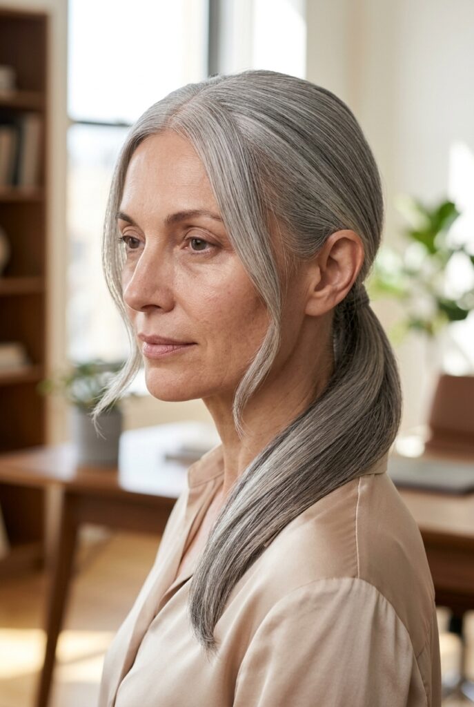 Woman with a sleek low gray ponytail in an office