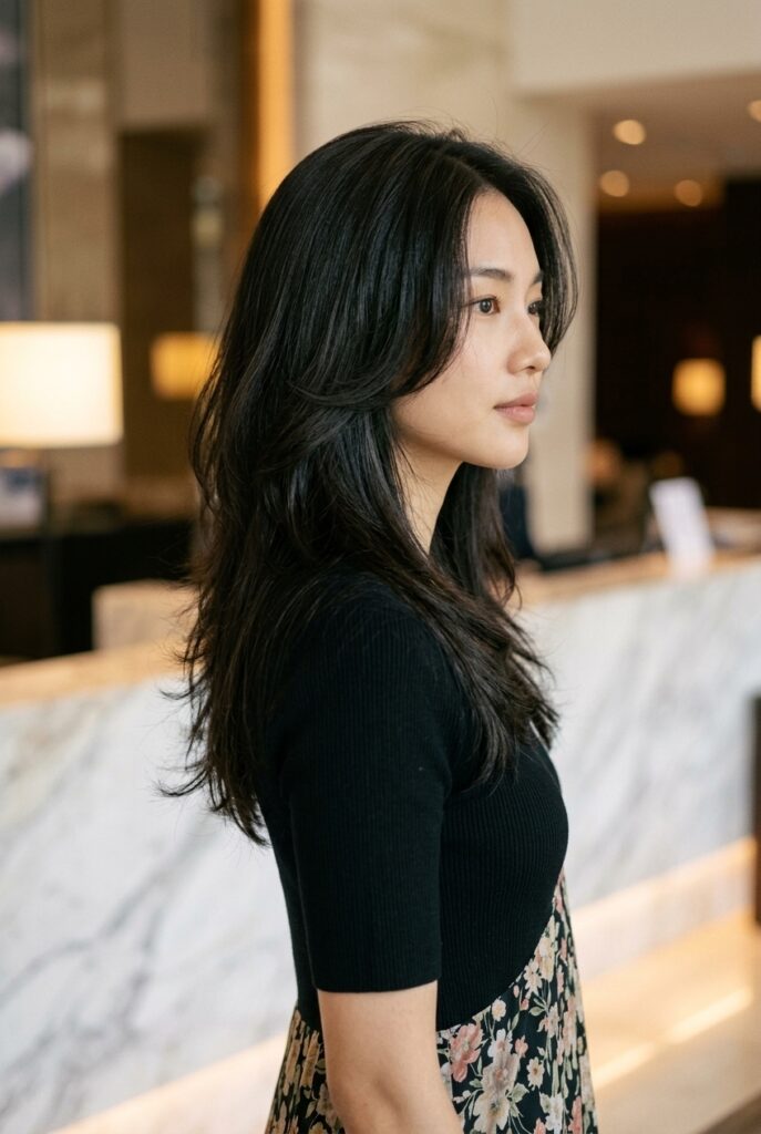 Woman with a soft airy Korean cloud cut haircut standing in a hotel lobby viewed from the side Woman with a soft airy Korean cloud cut haircut standing in a hotel lobby viewed from the side