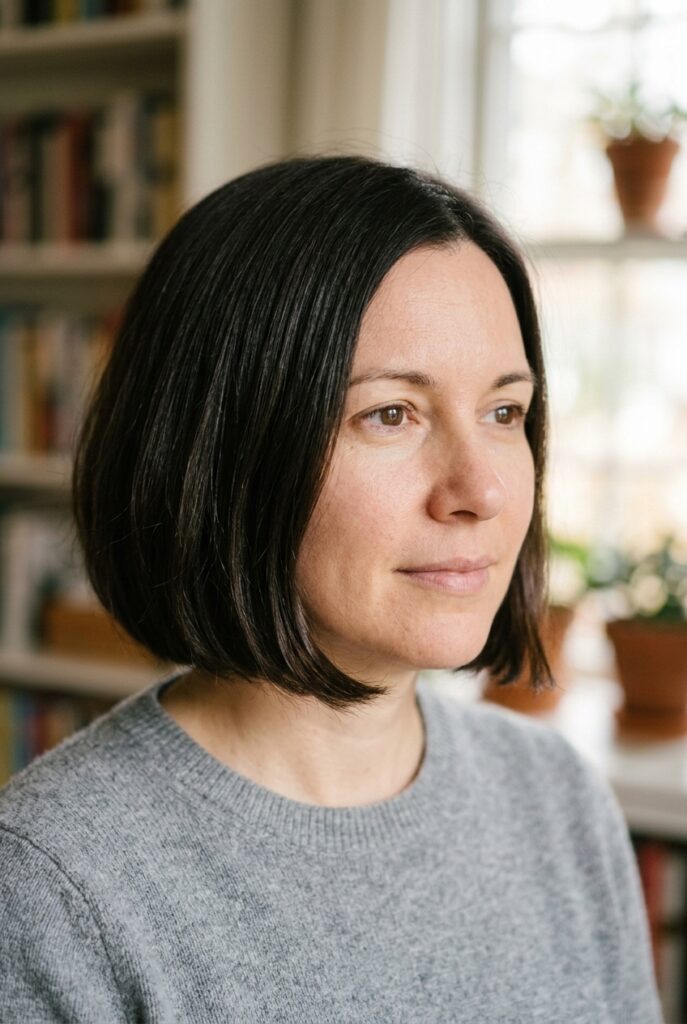 Woman with a soft micro bob showing rounded ends at chin length Woman with a soft micro bob showing rounded ends at chin length