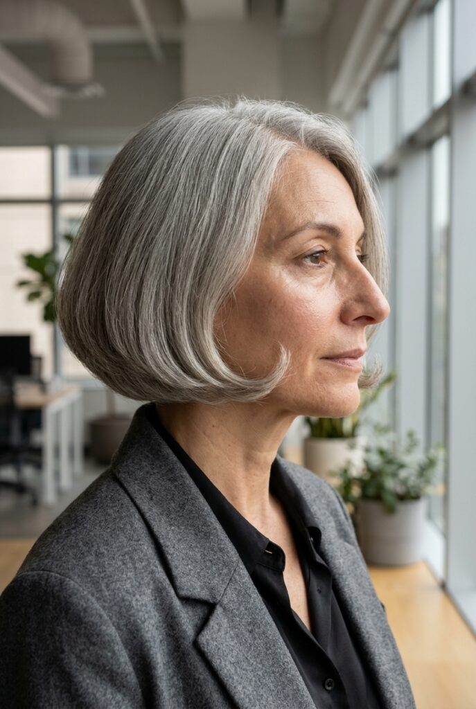 Woman with a soft rounded gray bob in an office