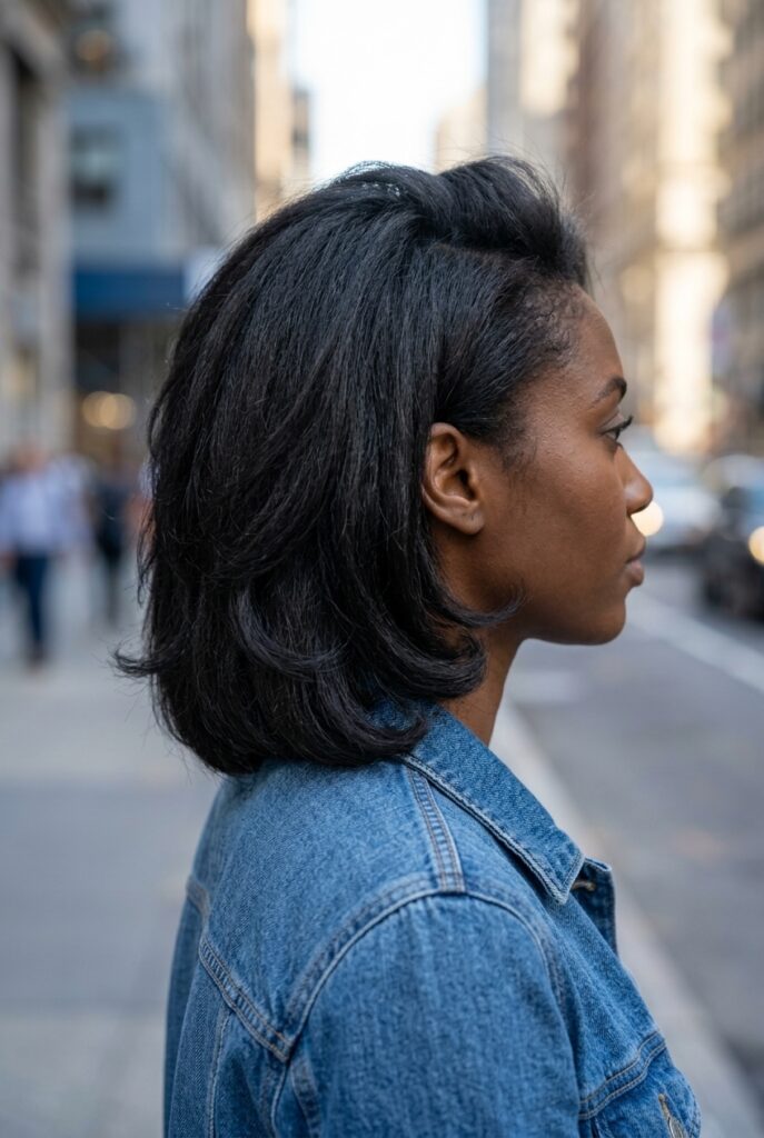 Woman with a soft wolf bob haircut with blended layers