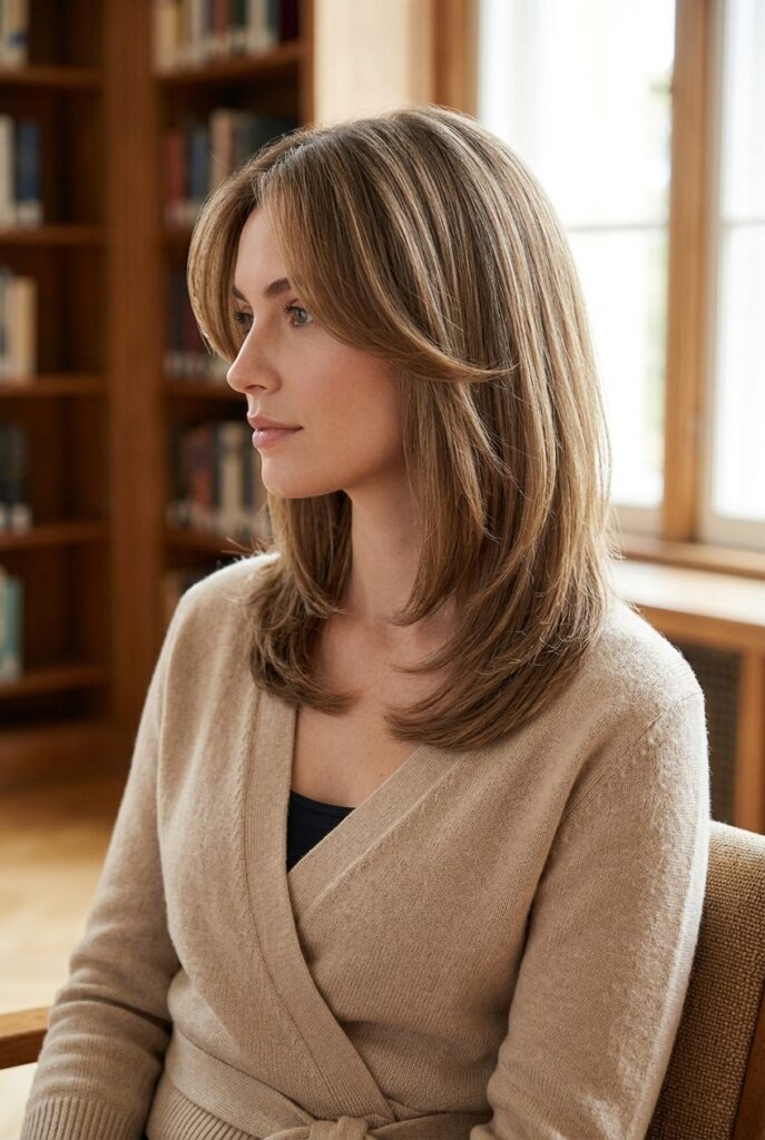 Woman with a structured C cut curved layered haircut seated in a library viewed from the side Woman with a structured C cut curved layered haircut seated in a library viewed from the side