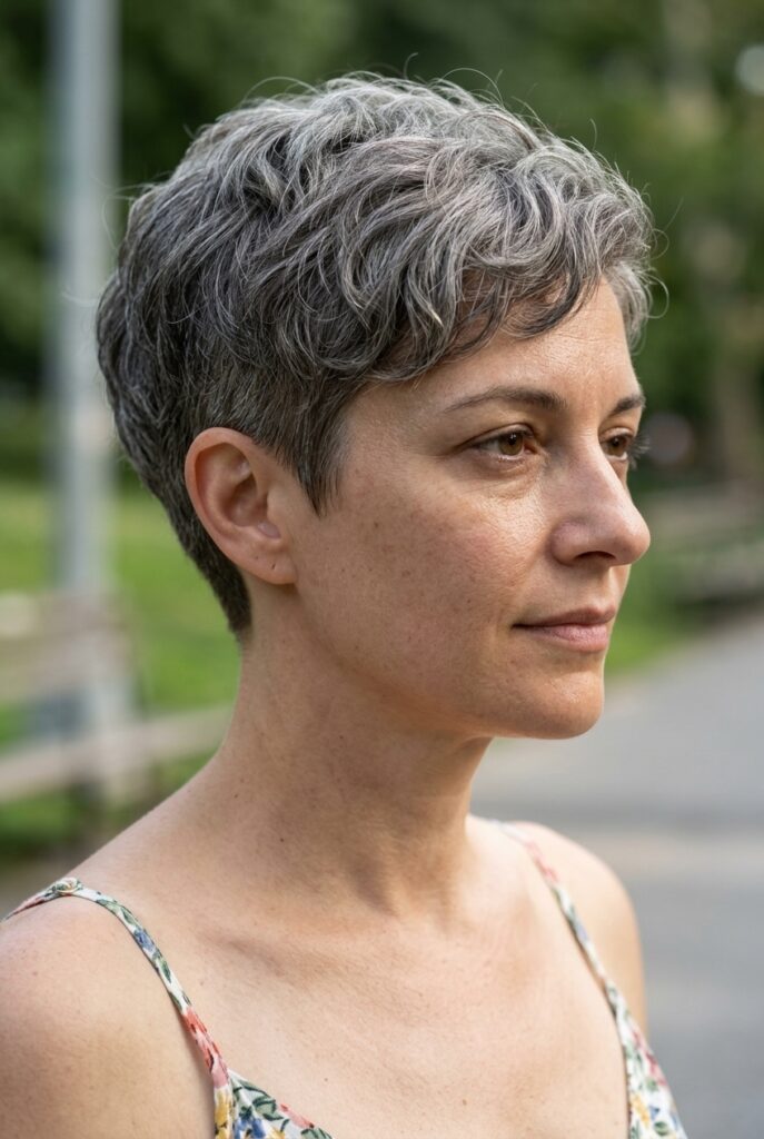 Woman with a textured gray pixie cut in a park