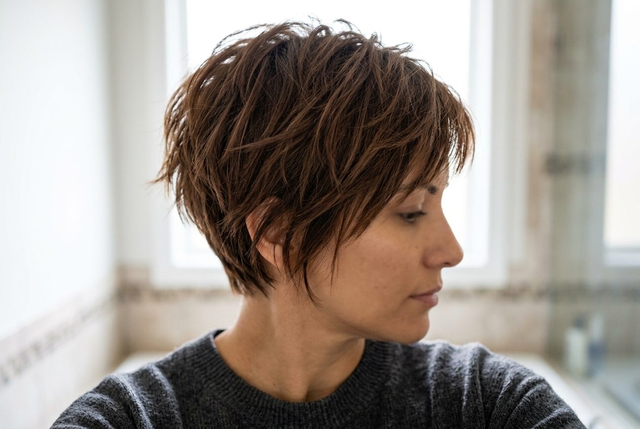 Woman with a textured messy pixie haircut showing natural layered movement