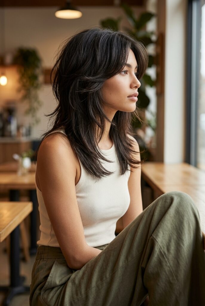 Woman with a voluminous butterfly cut haircut sitting at a coffee shop viewed from the side Woman with a voluminous butterfly cut haircut sitting at a coffee shop viewed from the side