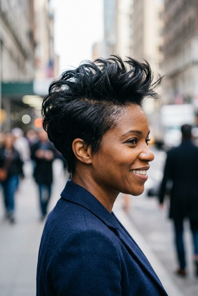 Woman with a voluminous root lift blowout on her short pixie haircut