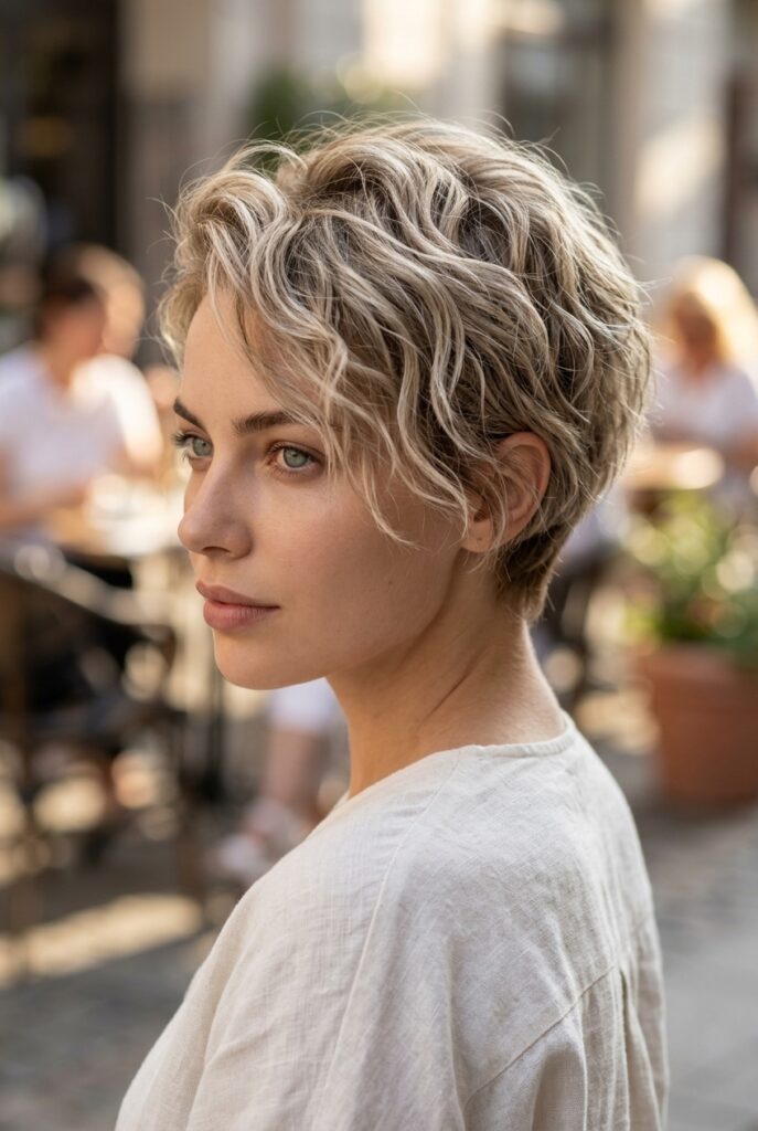 Woman with a wavy air dried pixie haircut styled with sea salt spray