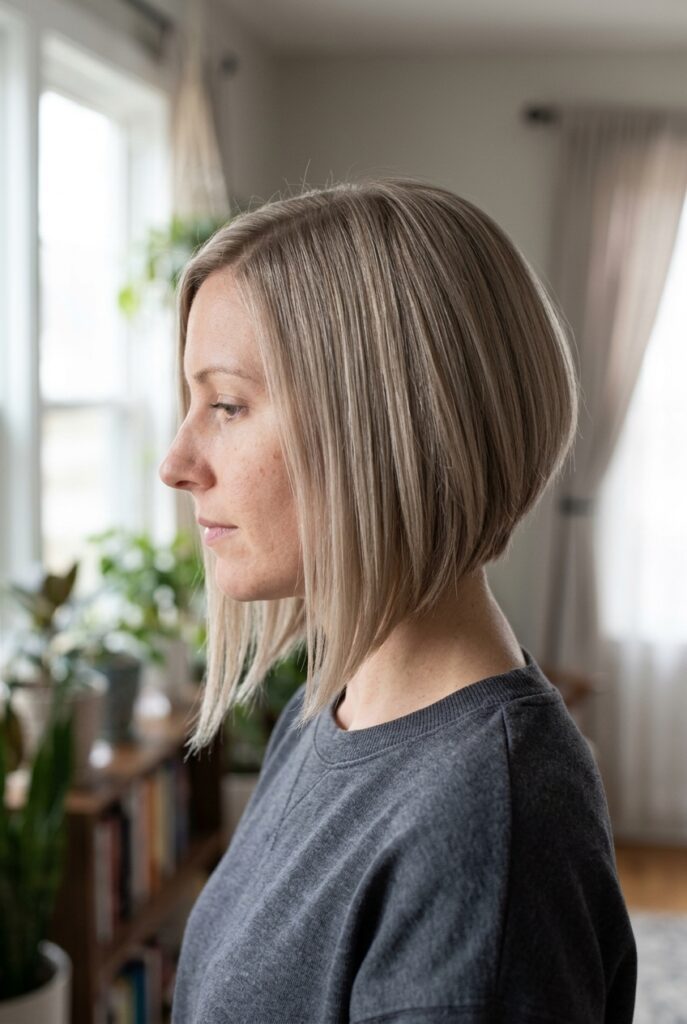 Woman with an a-line bob shorter in back and longer in front