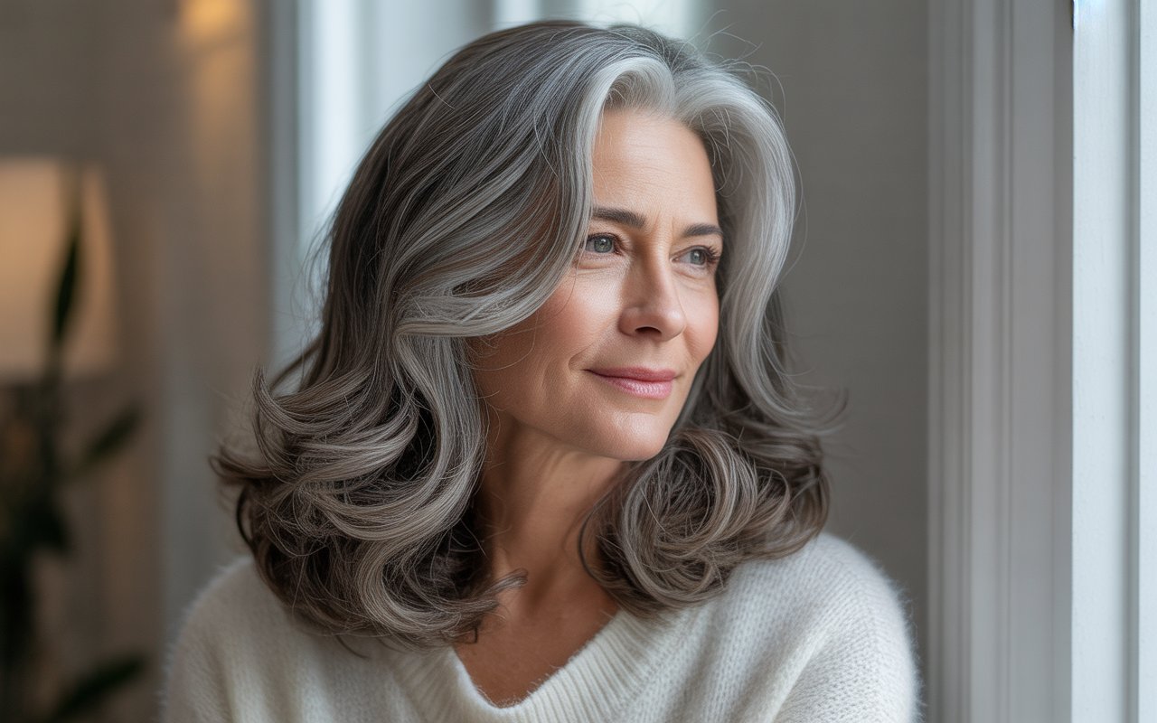 Woman with beautifully blended gray hair transition