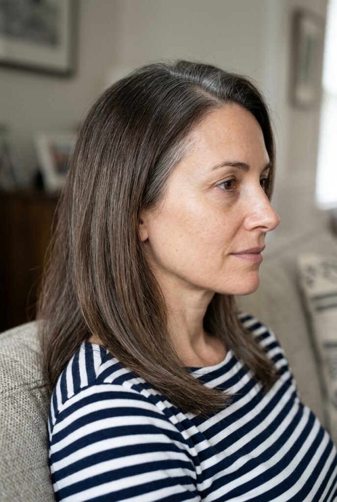 Woman with blended gray root shadowing at home