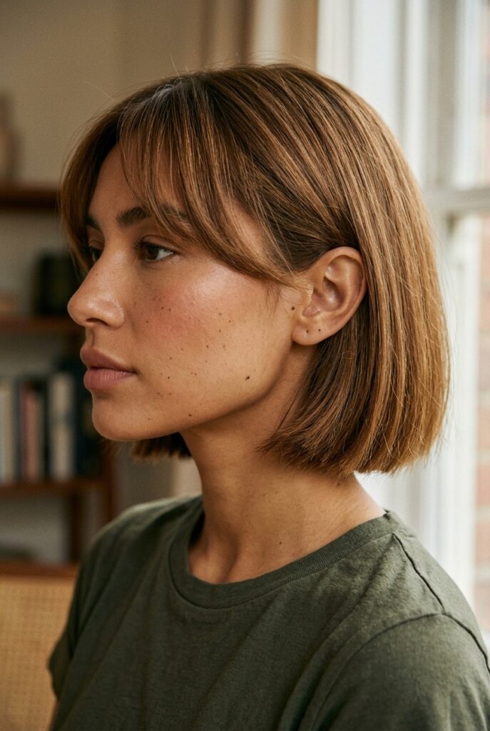Woman with blunt bob and soft center parted curtain bangs framing her face Woman with blunt bob and soft center parted curtain bangs framing her face