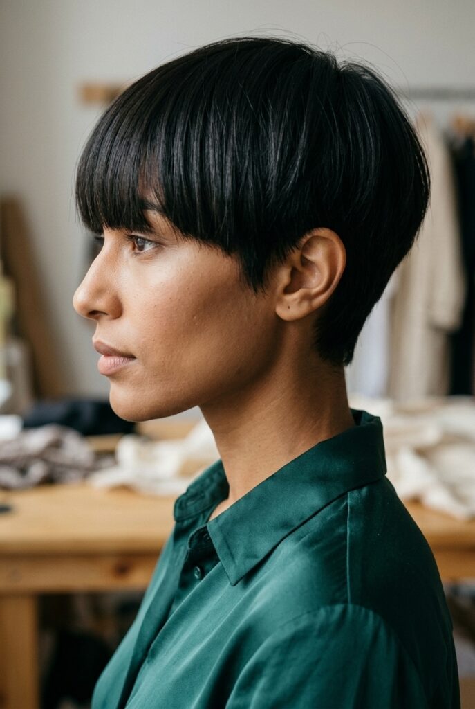 Woman with blunt pixie cut and heavy straight bangs dramatically framing her eyes Woman with blunt pixie cut and heavy straight bangs dramatically framing her eyes
