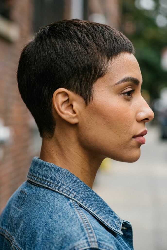 Woman with blunt pixie cut showcasing sharp clean edges at the nape and ears Woman with blunt pixie cut showcasing sharp clean edges at the nape and ears