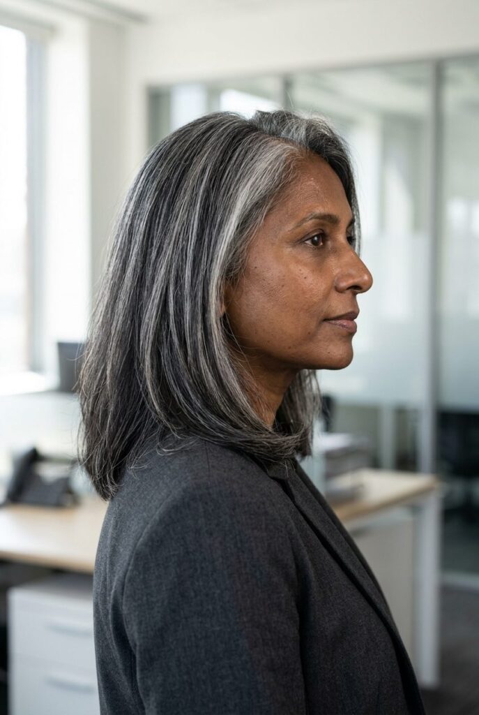 Woman with charcoal lowlights in gray hair