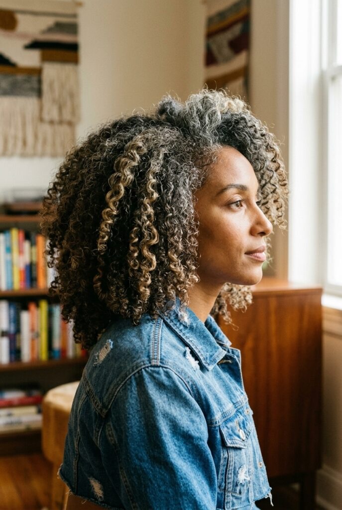 Woman with chunky gray lowlights in curly hair at home