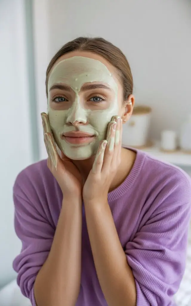 Woman with clay mask applied on her face for oily skin treatment