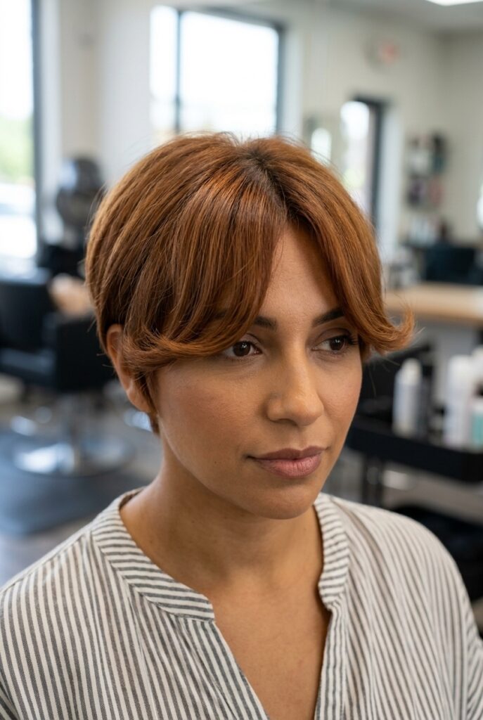 Woman with curtain bangs framing her face on a short pixie haircut