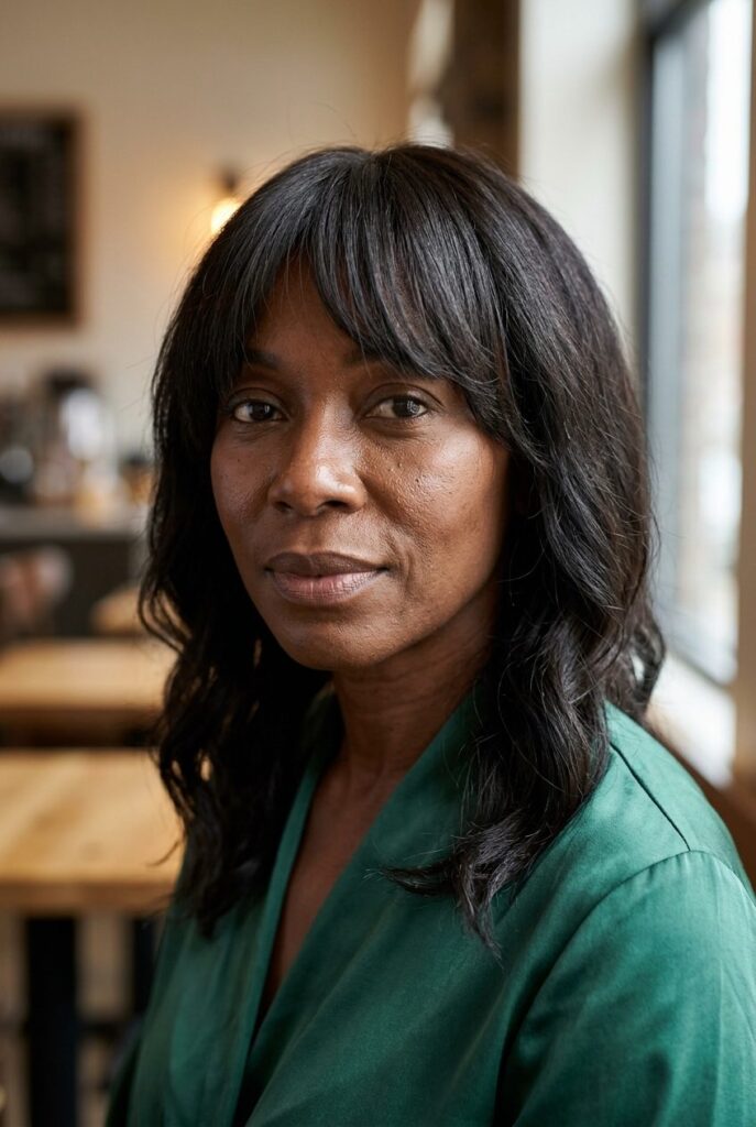 Woman with curtain bangs framing her gray hair