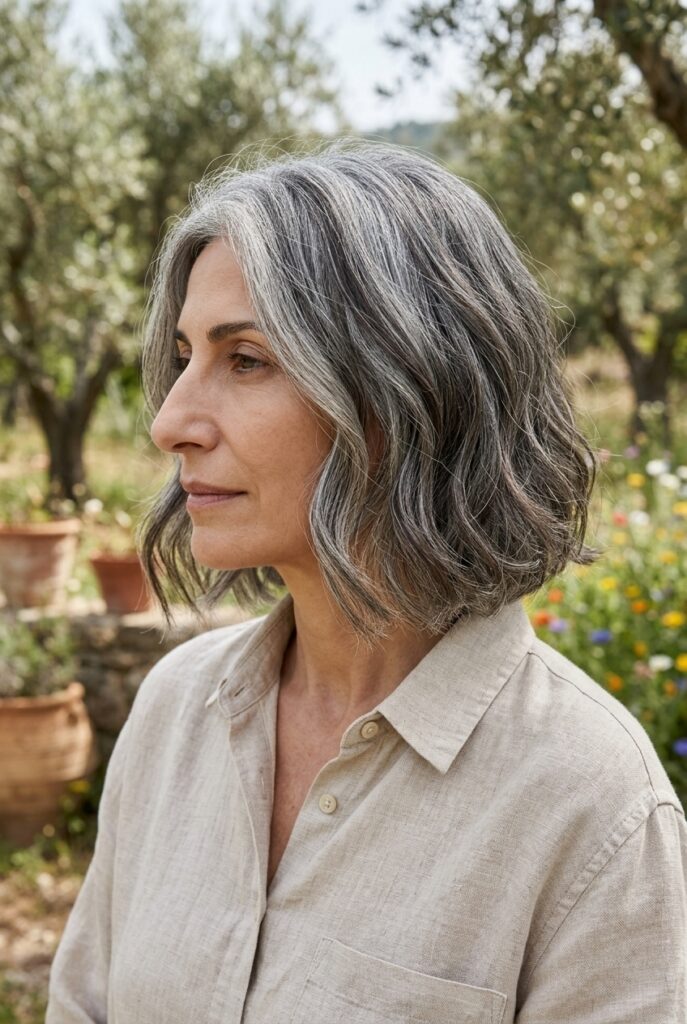 Woman with dark reverse balayage in gray hair in a garden