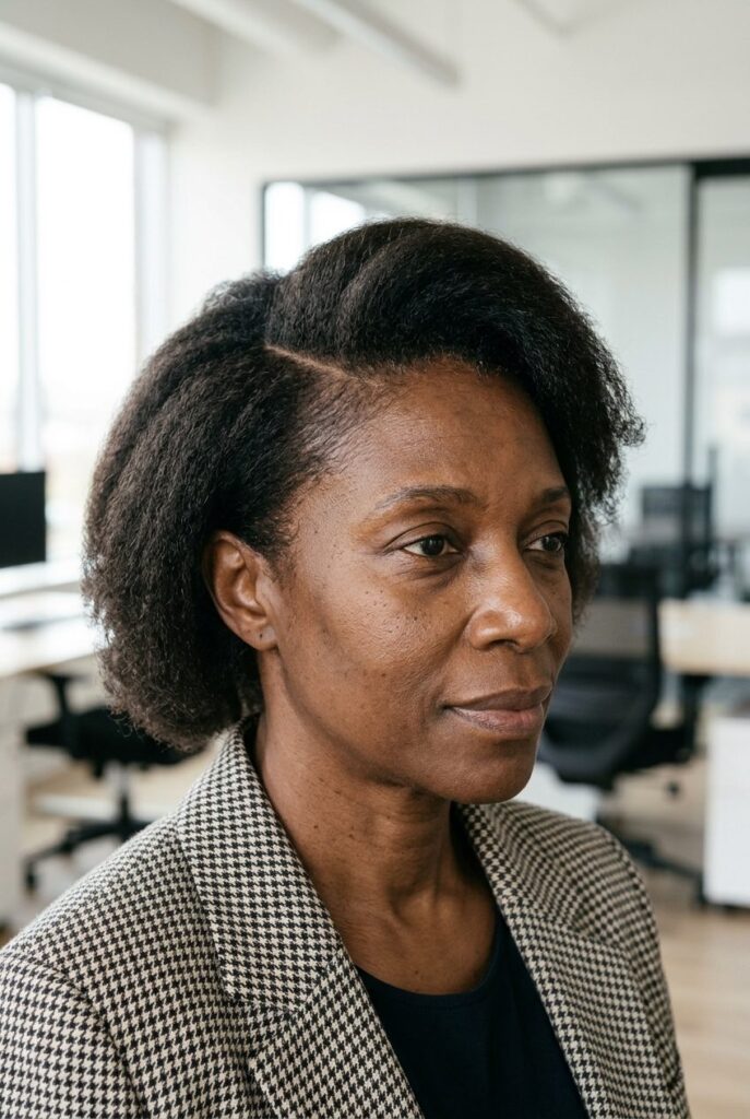 Woman with deep side part in gray hair