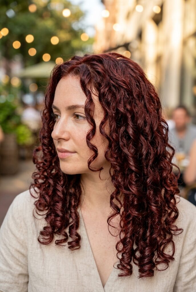 Woman with defined frizz free curls in humid weather Woman with defined frizz free curls in humid weather