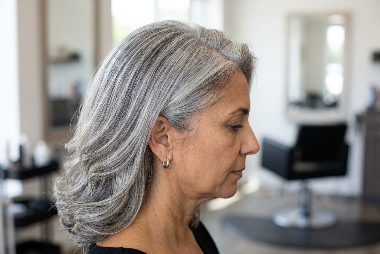 Woman with dimensional gray and silver hair at a salon