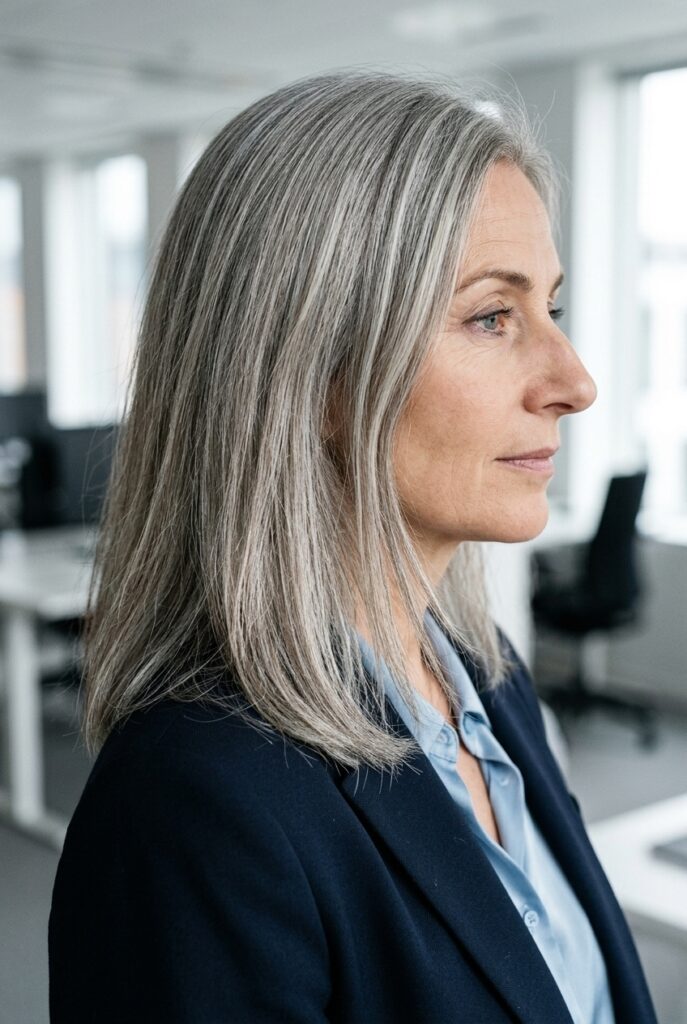 Woman with fine gray babylights standing in an office