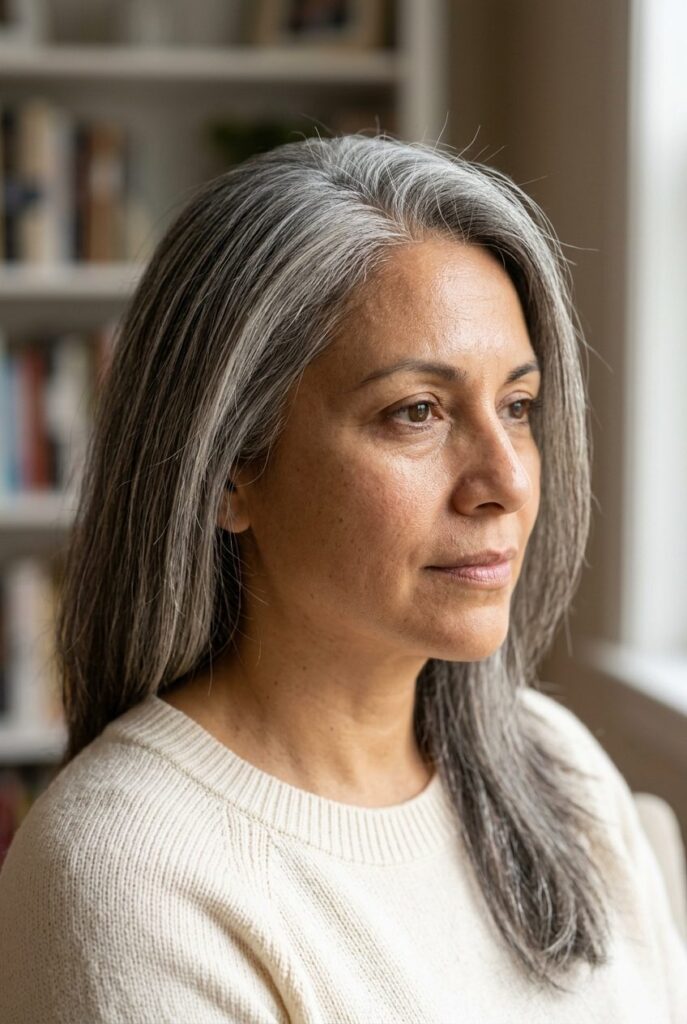 Woman with fine gray highlights called teasylights