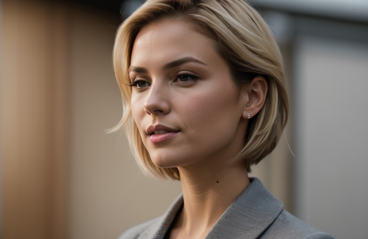 Woman with fine hair and a short haircut with Ice Blonde hair color