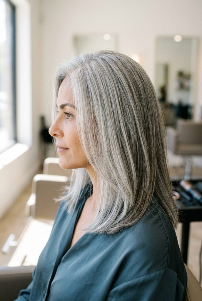 Woman with freshly toned silver gray hair in a hair salon