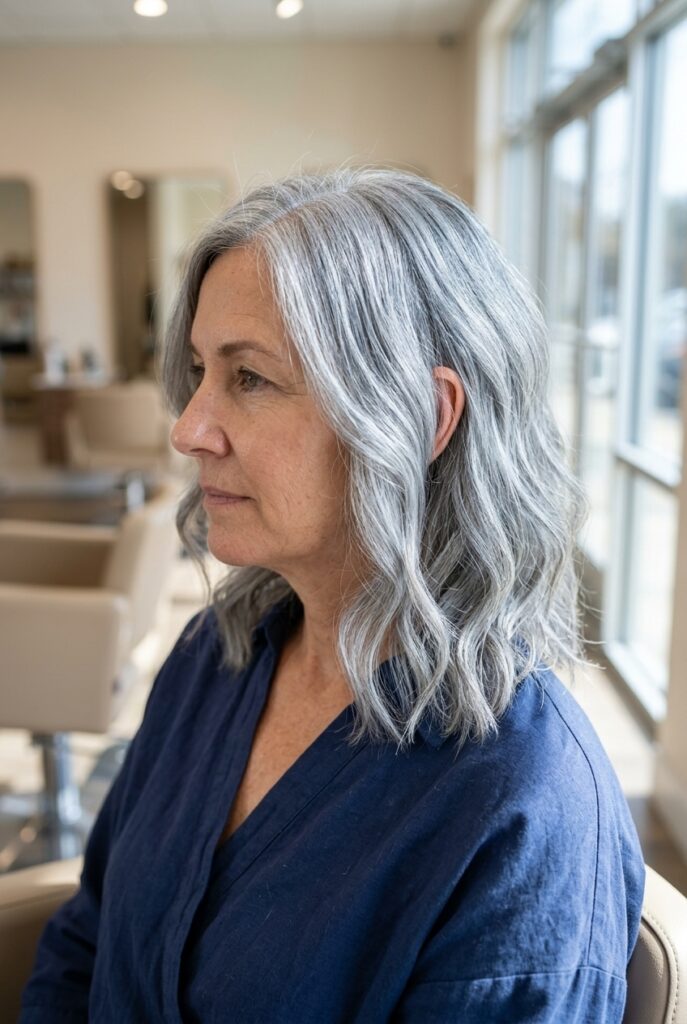 Woman with glossy cool toned gray hair in a salon