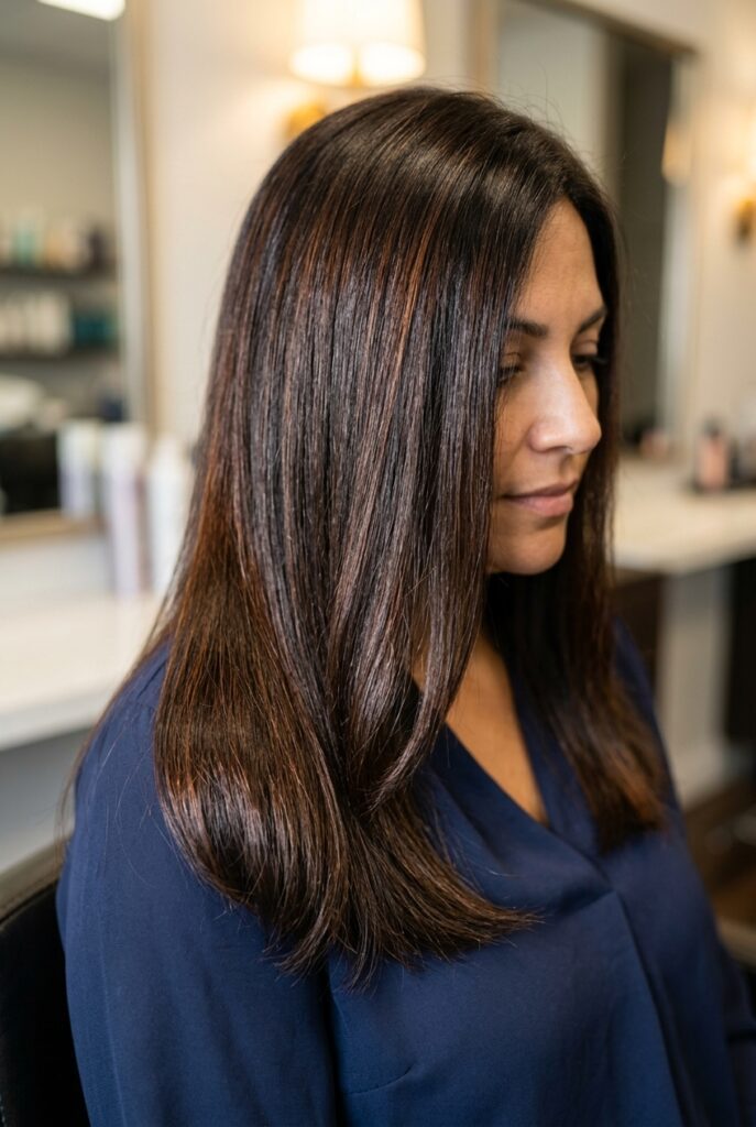 Woman with glossy moisturized frizz free color treated hair Woman with glossy moisturized frizz free color treated hair