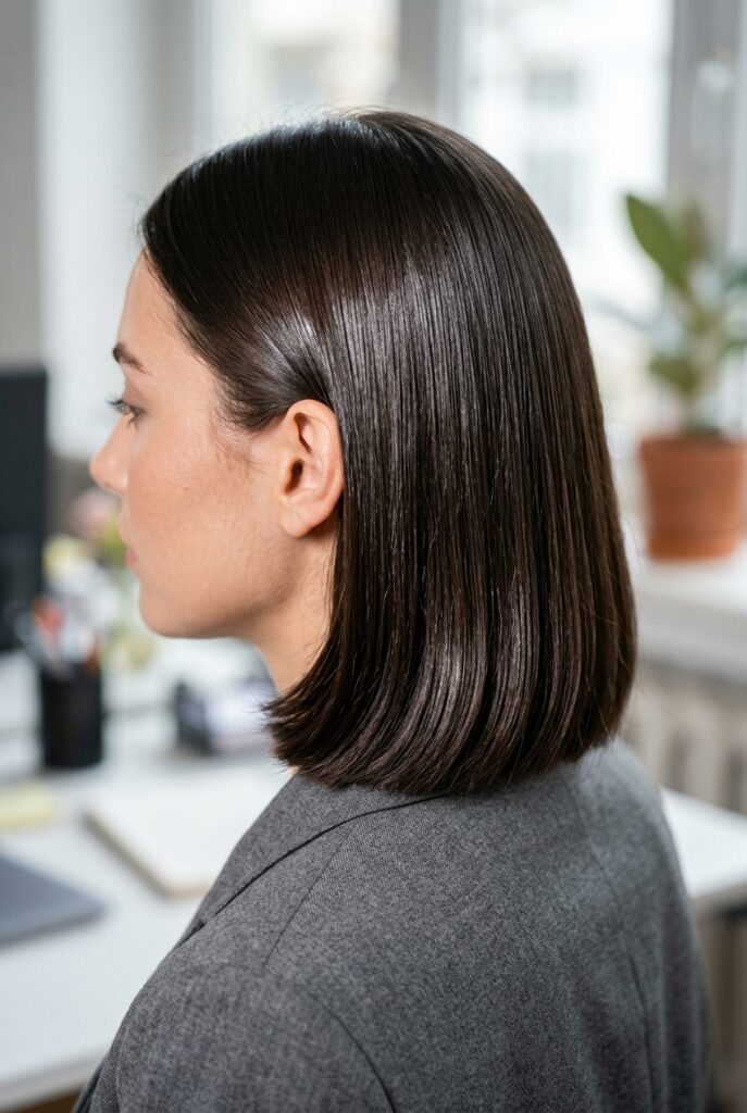 Woman with glossy shiny non greasy hair midday touch up Woman with glossy shiny non greasy hair midday touch up