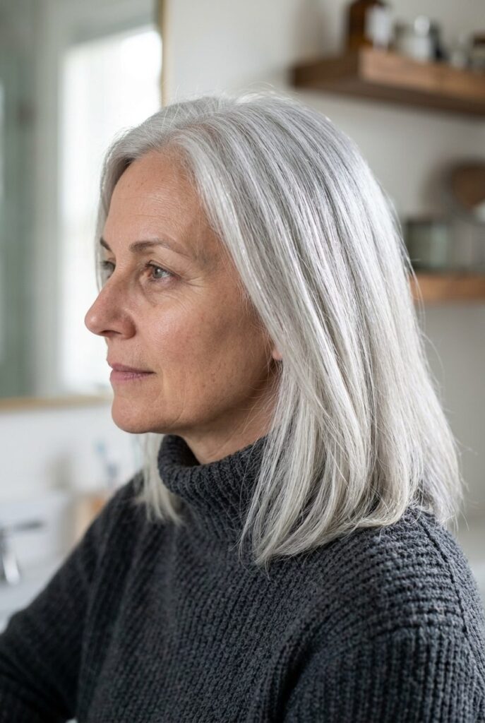 Woman with glossy silver toned gray hair