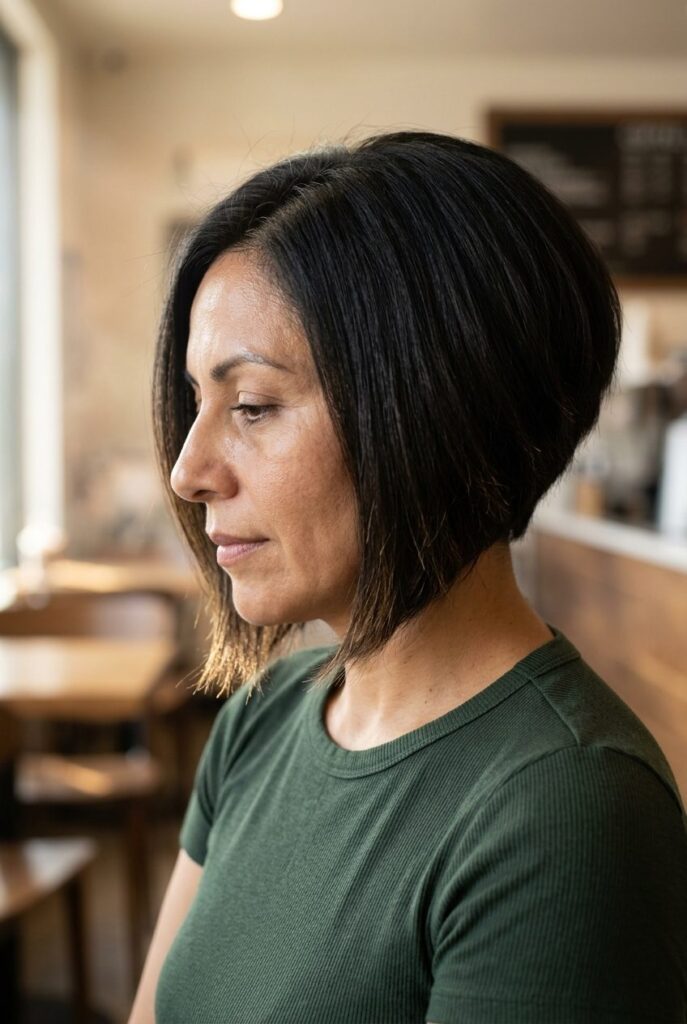 Woman with graduated bob in gray hair
