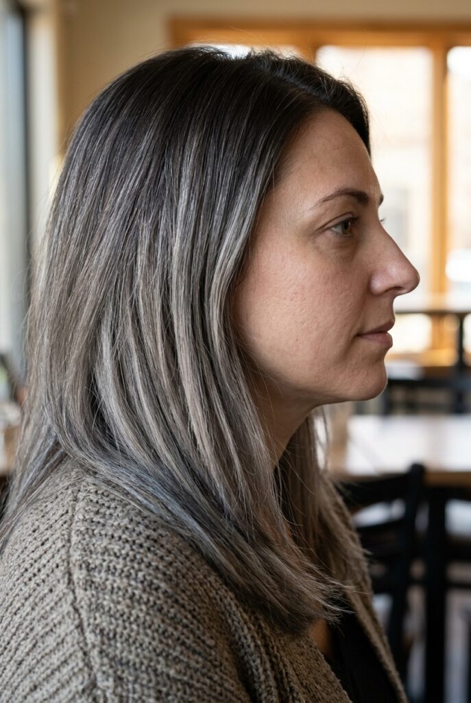 Woman with gray balayage lowlights in a coffee shop