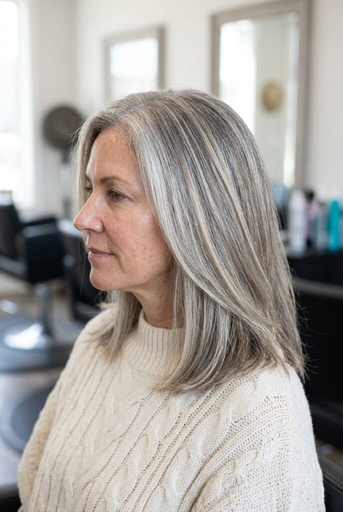 Woman with gray blended highlights in a hair salon