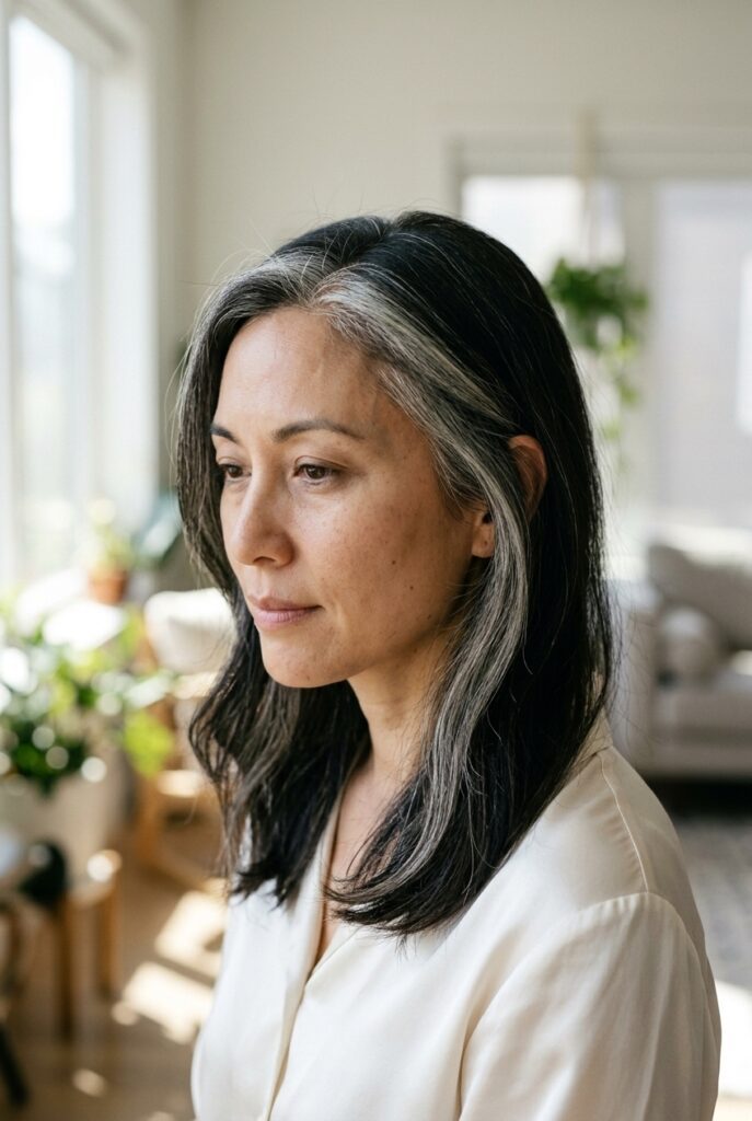 Woman with gray face framing highlights near a window