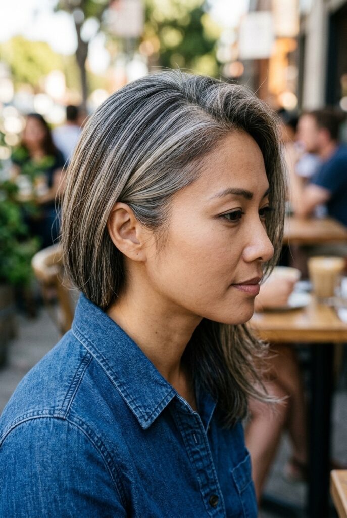 Woman with highlighted and lowlighted gray hair sitting at a coffee shop