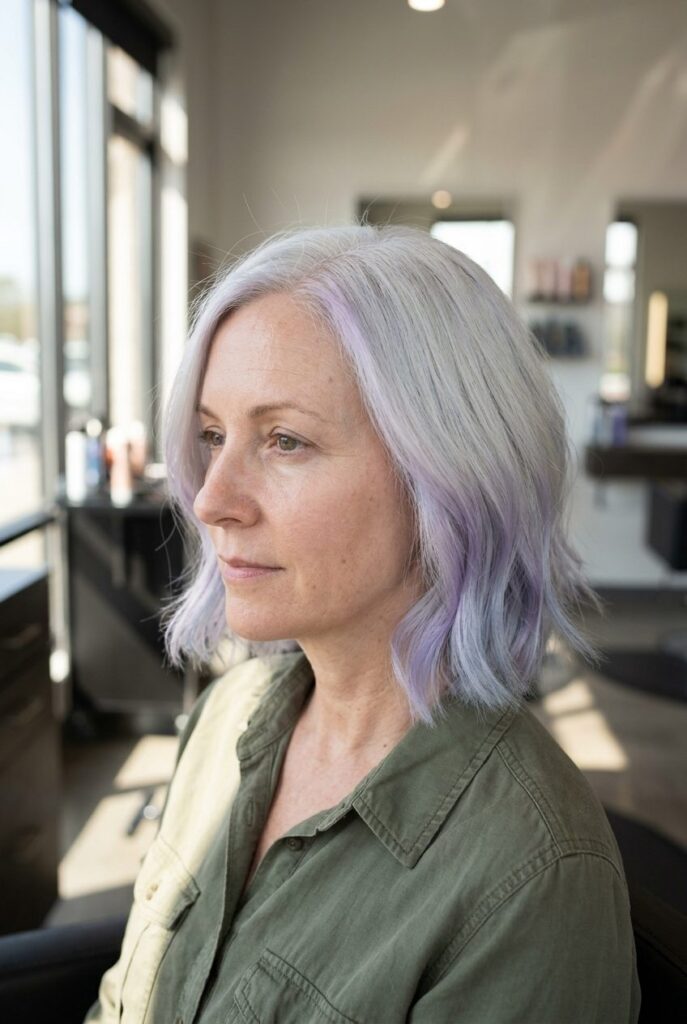 Woman with lavender toned gray hair ends in salon